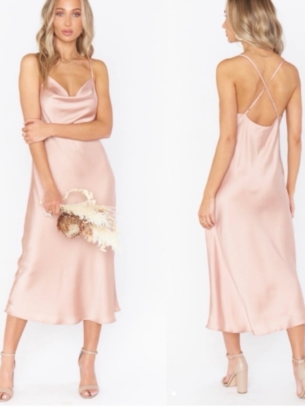 Show Me Your Mumu Blush Pink Satin Midi Slip Dress Cowl Neck Open Back M